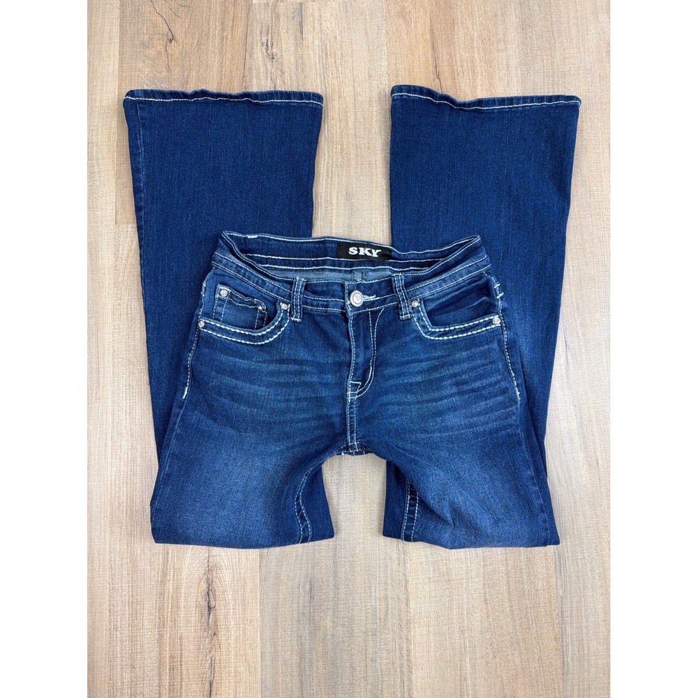 Y2K Low Rise Sky Premium Collection Womens Flare Jeans Embroidered Pockets 7/8